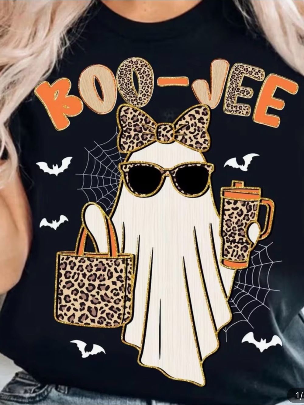 Boo-Jee Leopard Ghost Halloween Tee - Black